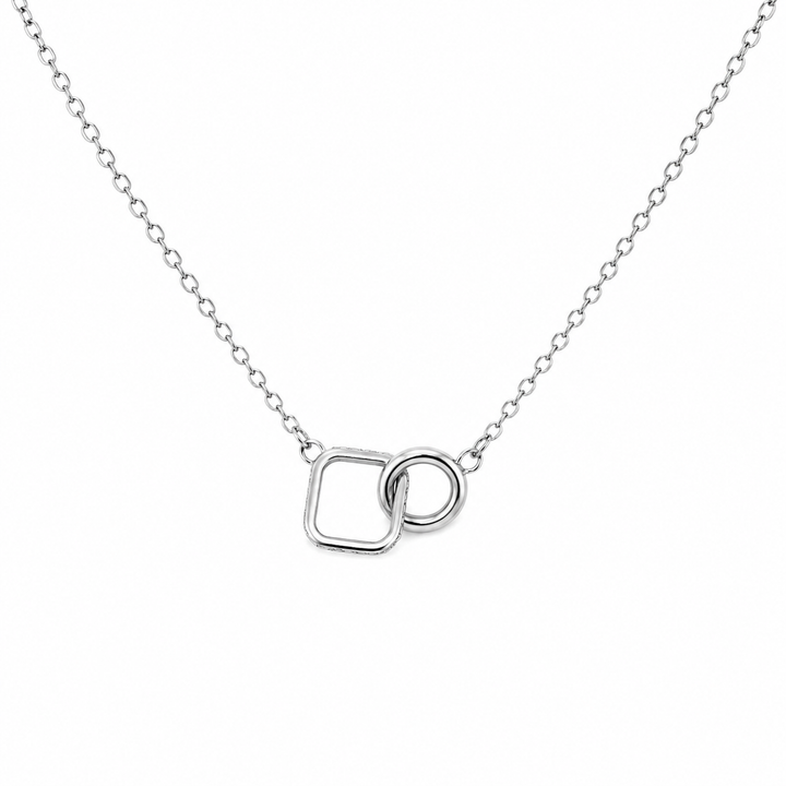 925 sterling silver interlocking circle and square pendant necklace on display