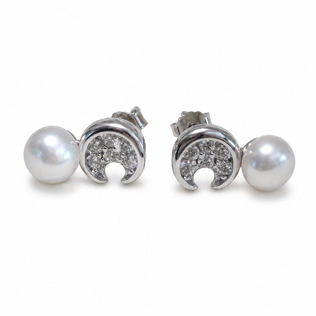925 Sterling Silver Pearl Stud Earrings with Cubic Zirconia Yui mart