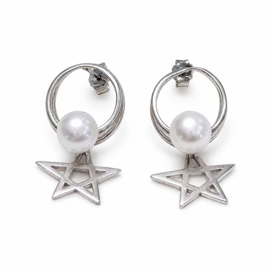 925 Sterling Silver Star Pearl Hoop Stud Earrings for Women Yui mart