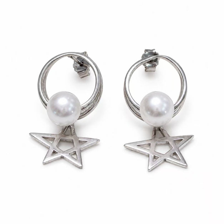 925 Sterling Silver Star Pearl Hoop Stud Earrings for Women Yui mart