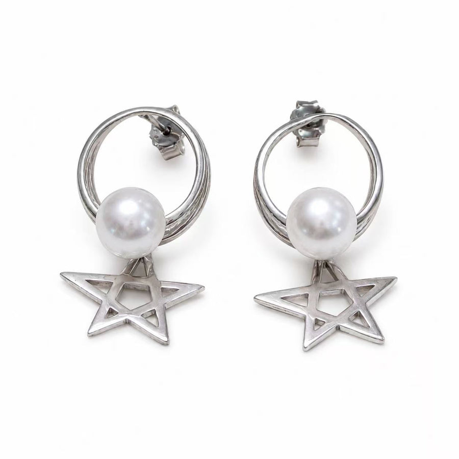 925 Sterling Silver Star Pearl Hoop Stud Earrings for Women Yui mart
