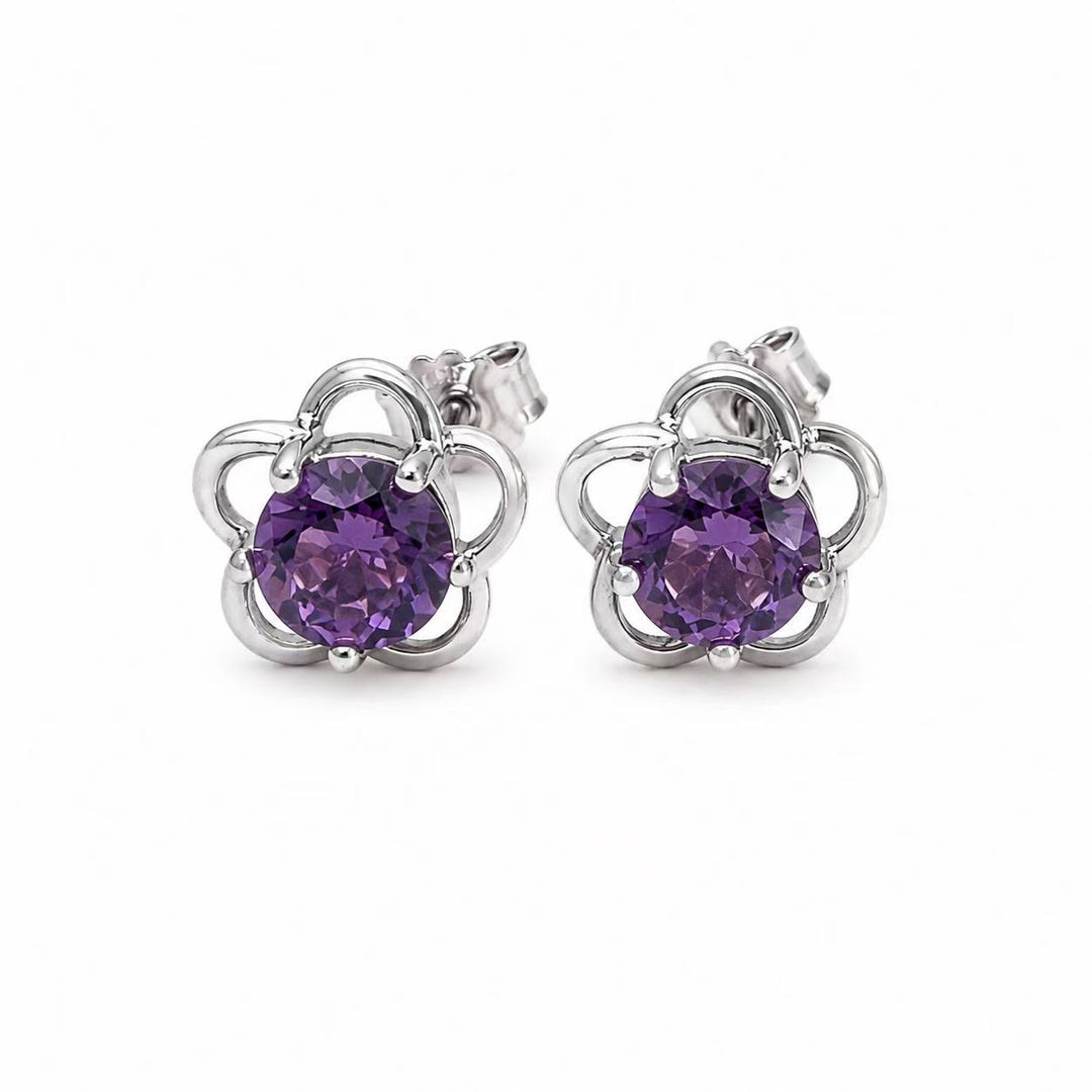 925 Sterling Silver Purple Gemstone Flower Stud Earrings for Women Yui mart