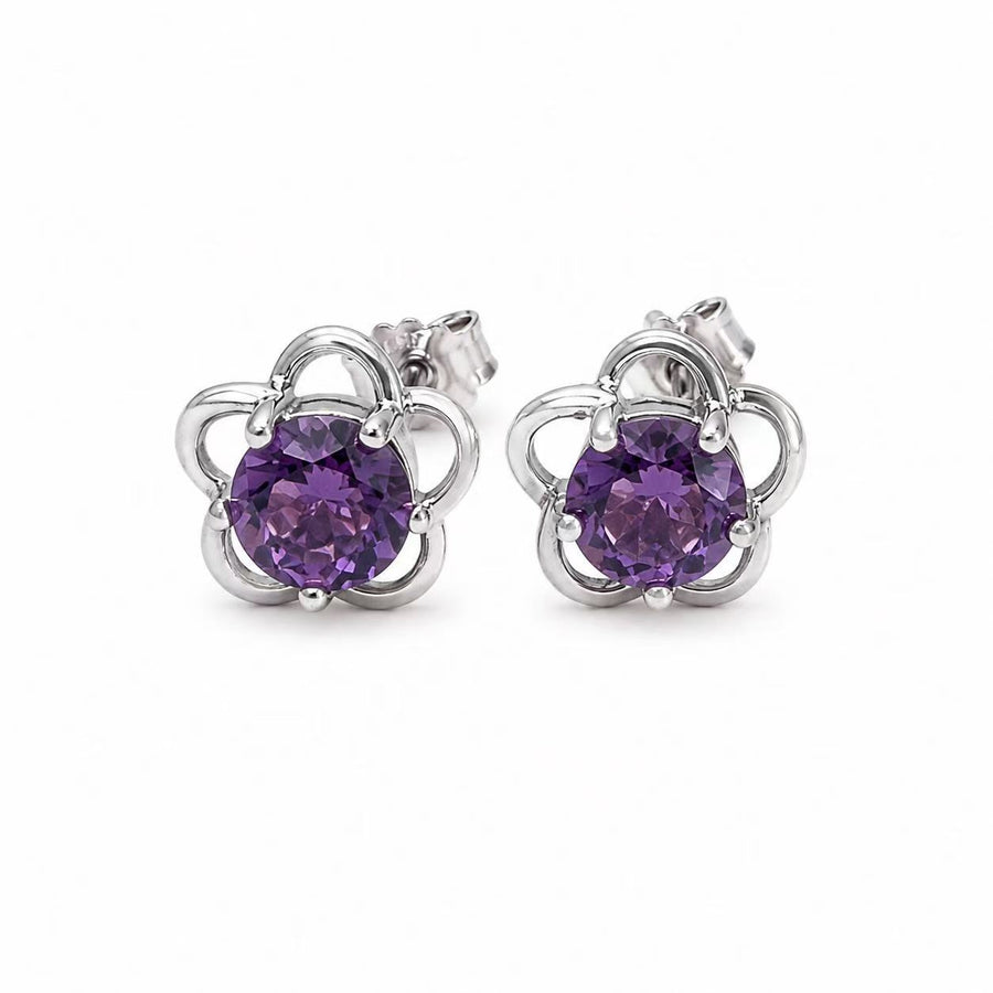 925 Sterling Silver Purple Gemstone Flower Stud Earrings for Women Yui mart
