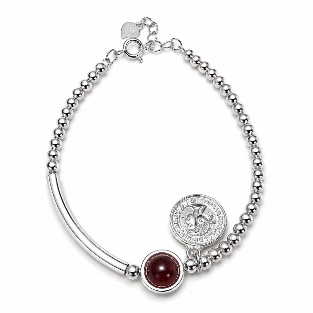 925 Sterling Silver Beaded Bracelet for Women– Red Gemstone Charm Bracelet with Coin Pendant Yui mart