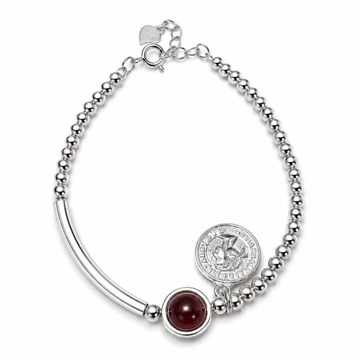 925 Sterling Silver Beaded Bracelet for Women– Red Gemstone Charm Bracelet with Coin Pendant Yui mart