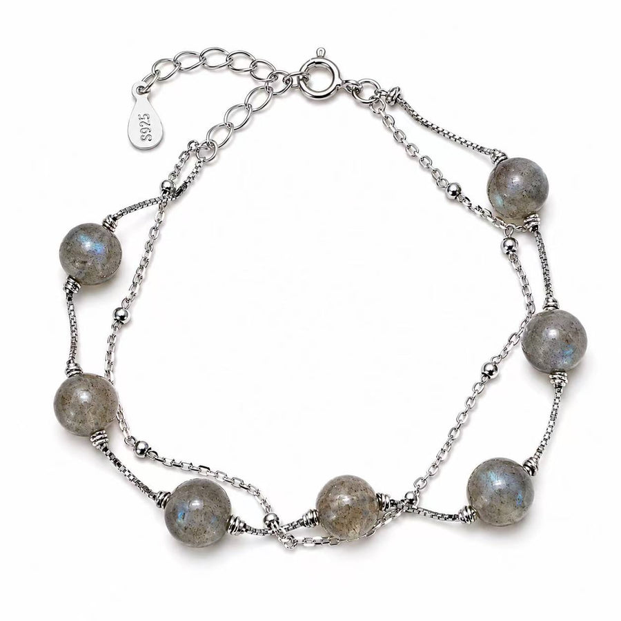 925 Sterling Silver Labradorite Beaded Bracelet for Women – Natural Gray Moonstone Gemstone Bracelet Yui mart