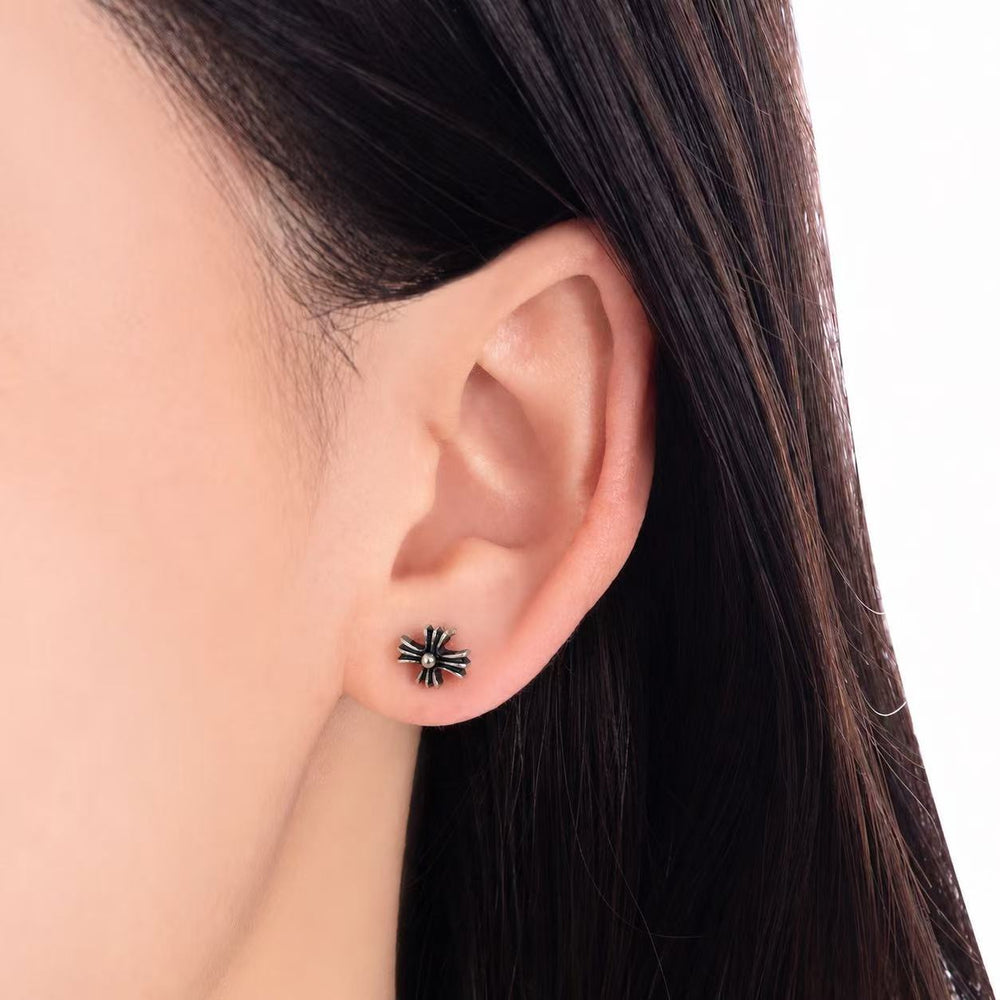 925 Sterling Silver Gothic Cross Flower Stud Earrings Yui mart