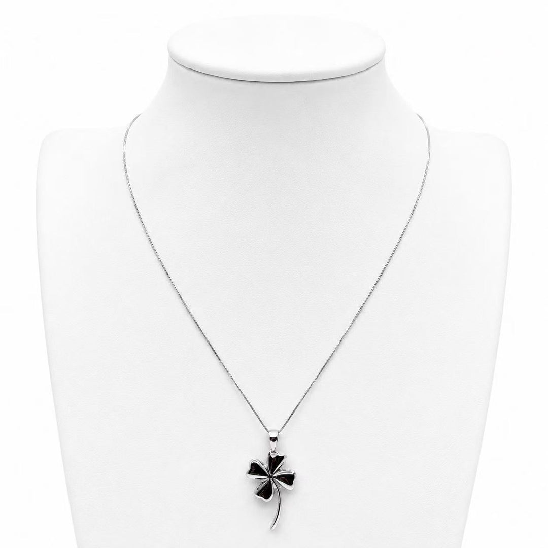 925 Sterling Silver Black Four-Leaf Clover Pendant Necklace Yui mart