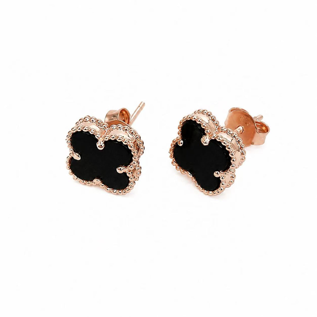 925 Sterling Silver Rose Gold Black Clover Stud Earrings Yui mart