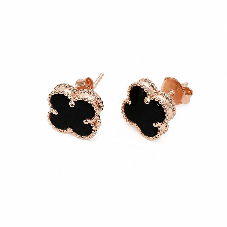 925 Sterling Silver Rose Gold Black Clover Stud Earrings Yui mart