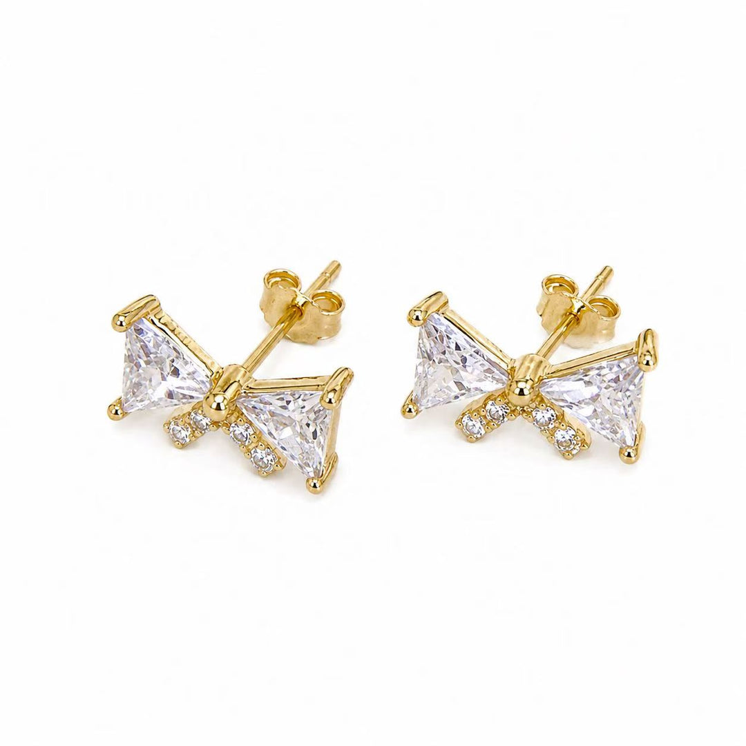 925 Sterling Silver 14K Gold-Plated Crystal Bow Stud Earrings Yui mart