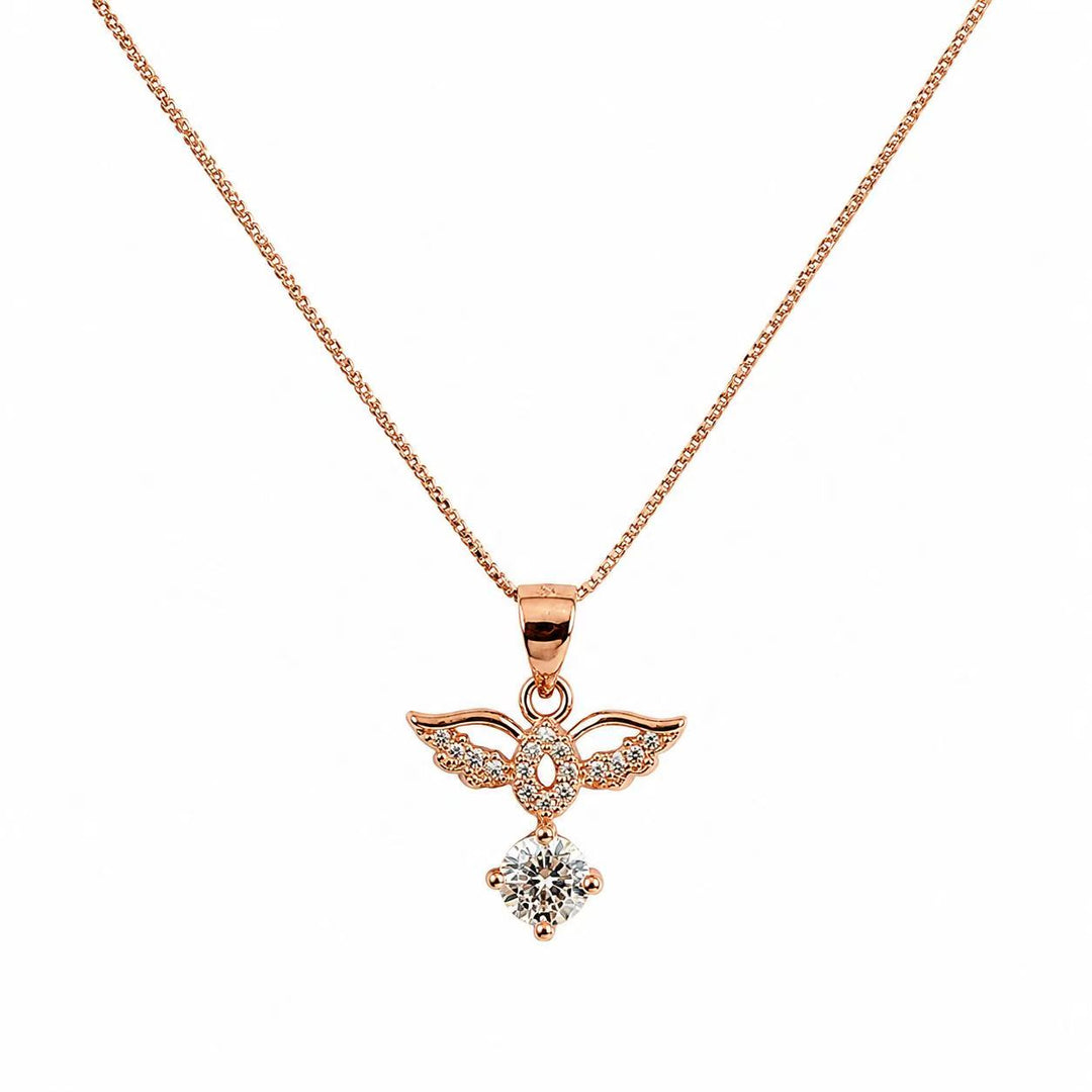 925 Sterling Silver Rose Gold Angel Wings Crystal Pendant Necklace Yui mart
