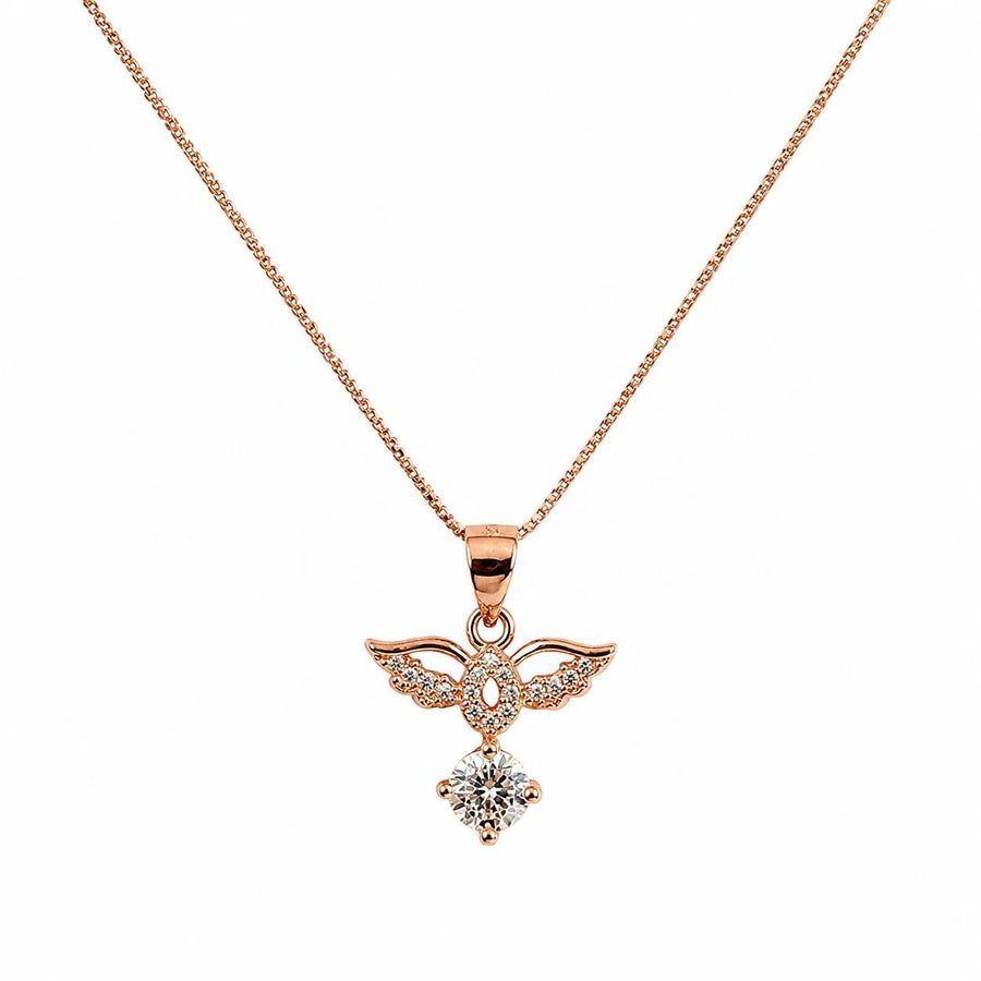 925 Sterling Silver Rose Gold Angel Wings Crystal Pendant Necklace Yui mart