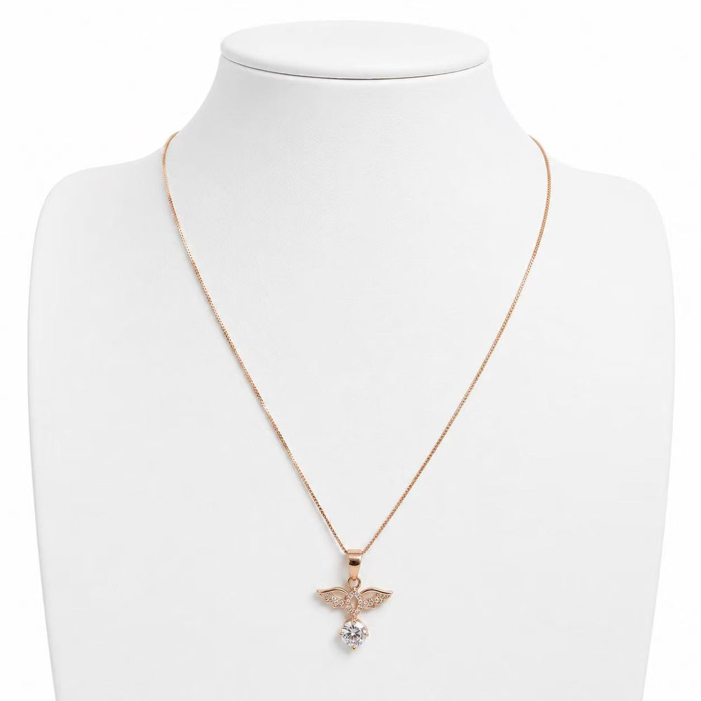 925 Sterling Silver Rose Gold Angel Wings Crystal Pendant Necklace Yui mart