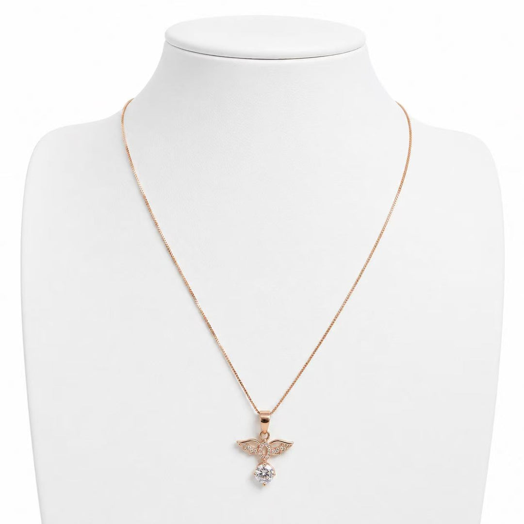 925 Sterling Silver Rose Gold Angel Wings Crystal Pendant Necklace Yui mart