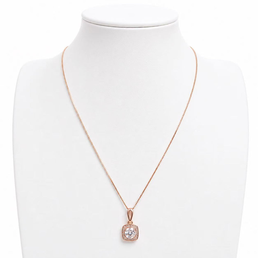 925 Sterling Silver Rose Gold Square Halo Crystal Necklace Yui mart