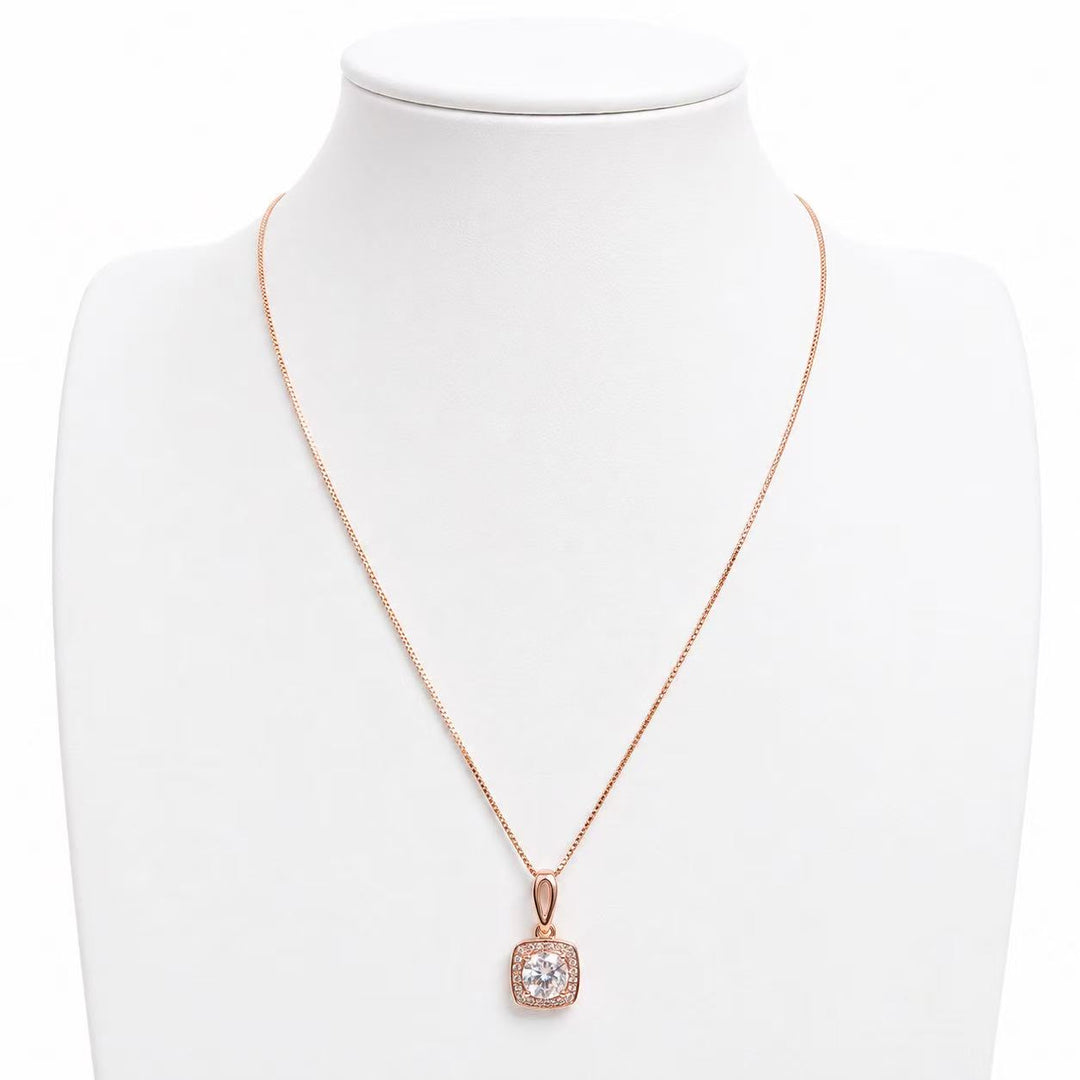 925 Sterling Silver Rose Gold Square Halo Crystal Necklace Yui mart