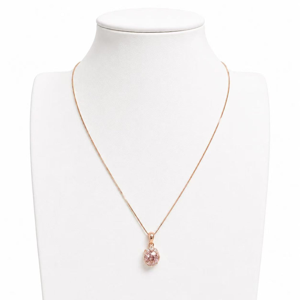 925 Sterling Silver Rose Gold Classic Solitaire Crystal Necklace Yui mart