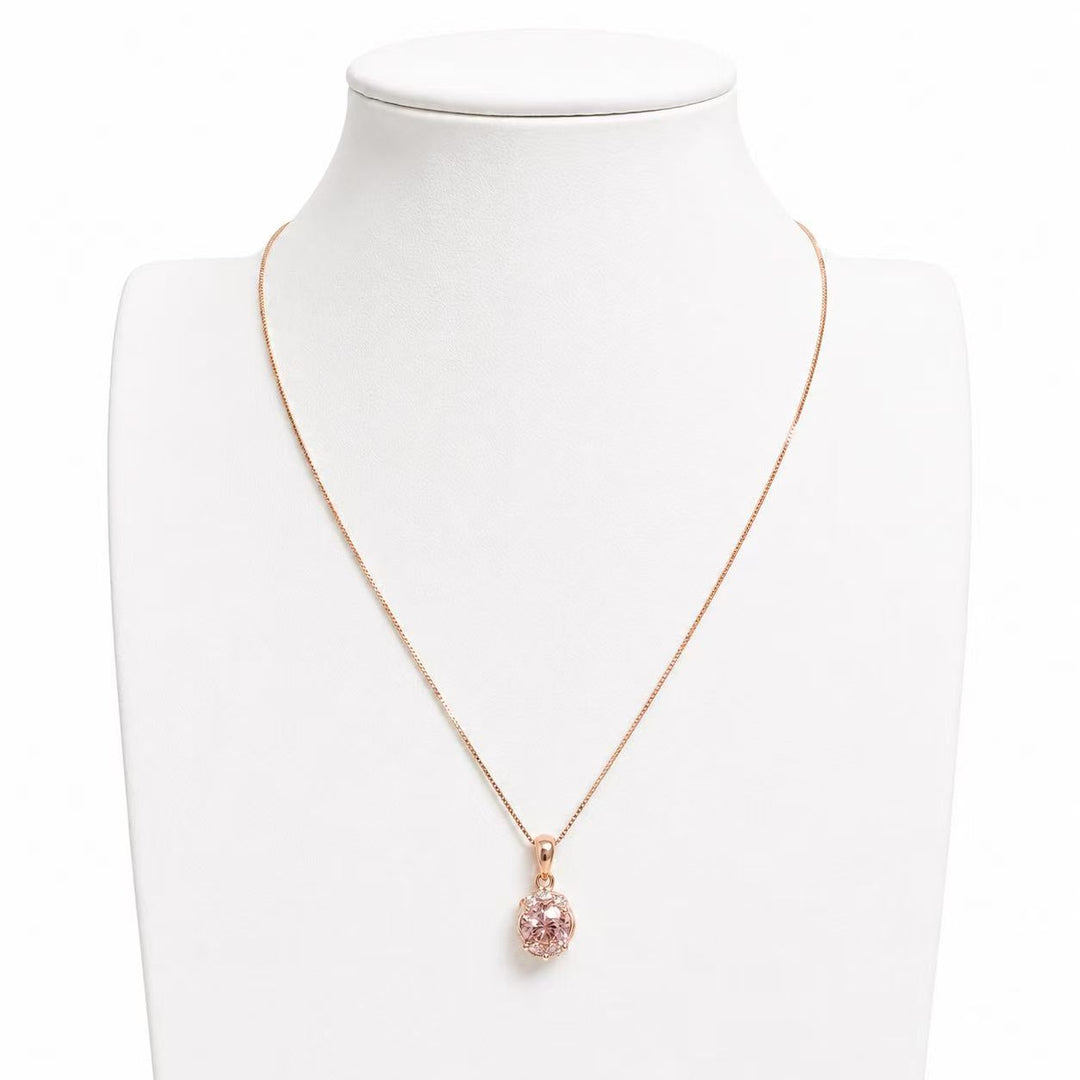 925 Sterling Silver Rose Gold Classic Solitaire Crystal Necklace Yui mart