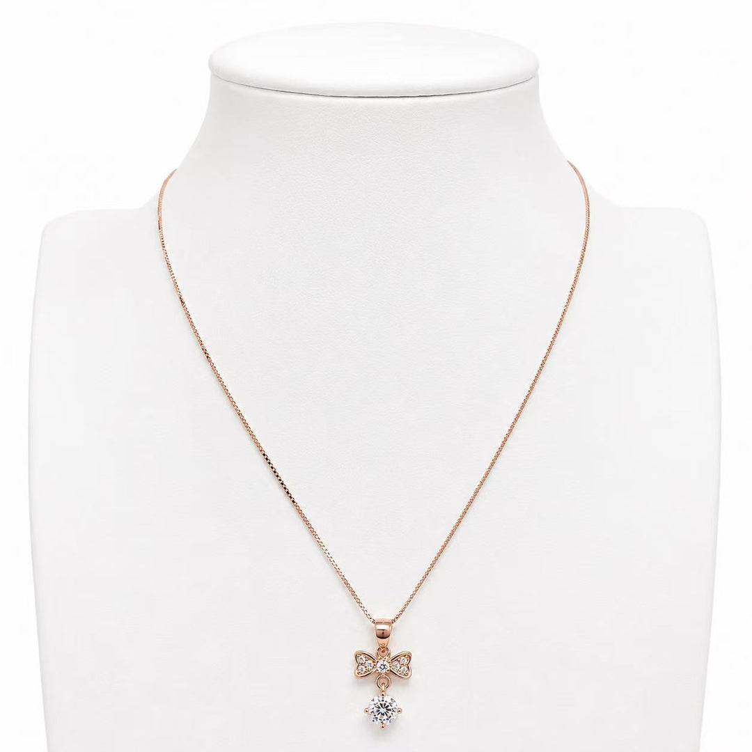 925 Sterling Silver Rose Gold Bow Crystal Drop Necklace Yui mart