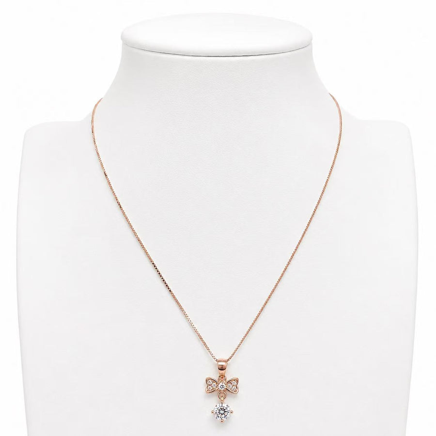 925 Sterling Silver Rose Gold Bow Crystal Drop Necklace Yui mart