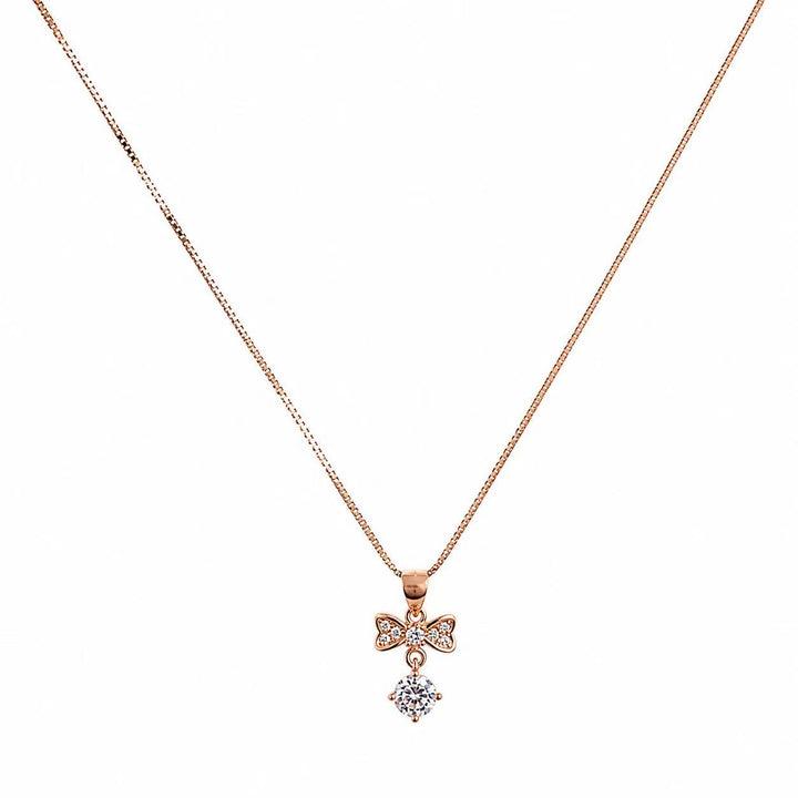 925 Sterling Silver Rose Gold Bow Crystal Drop Necklace Yui mart