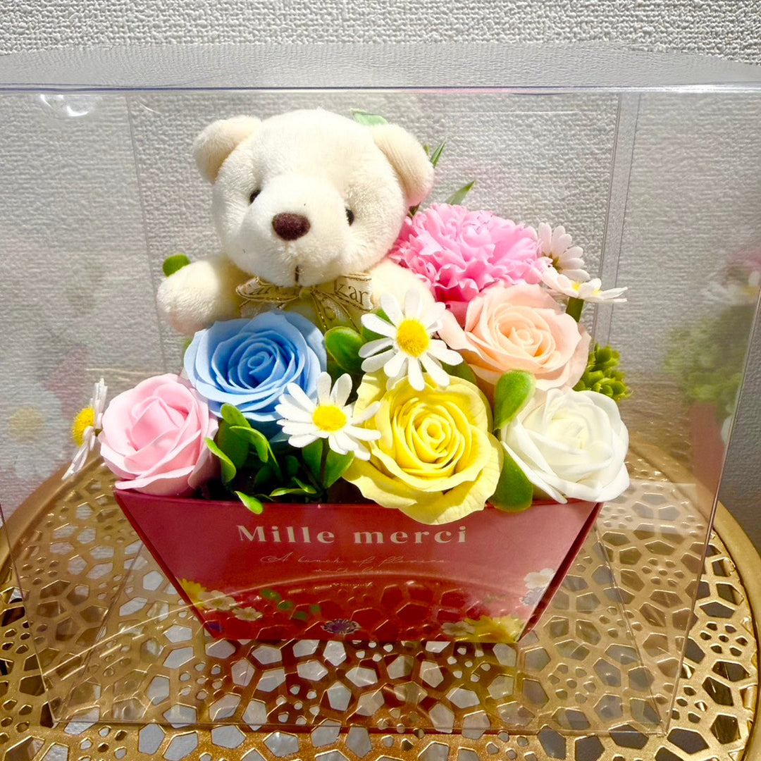 Karendo rafulu pastel clear bear carnation soap flower arrangement