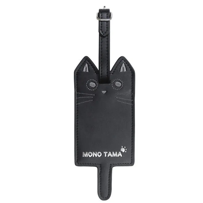 Noa Family Mono Tama black cat leather luggage tag front view