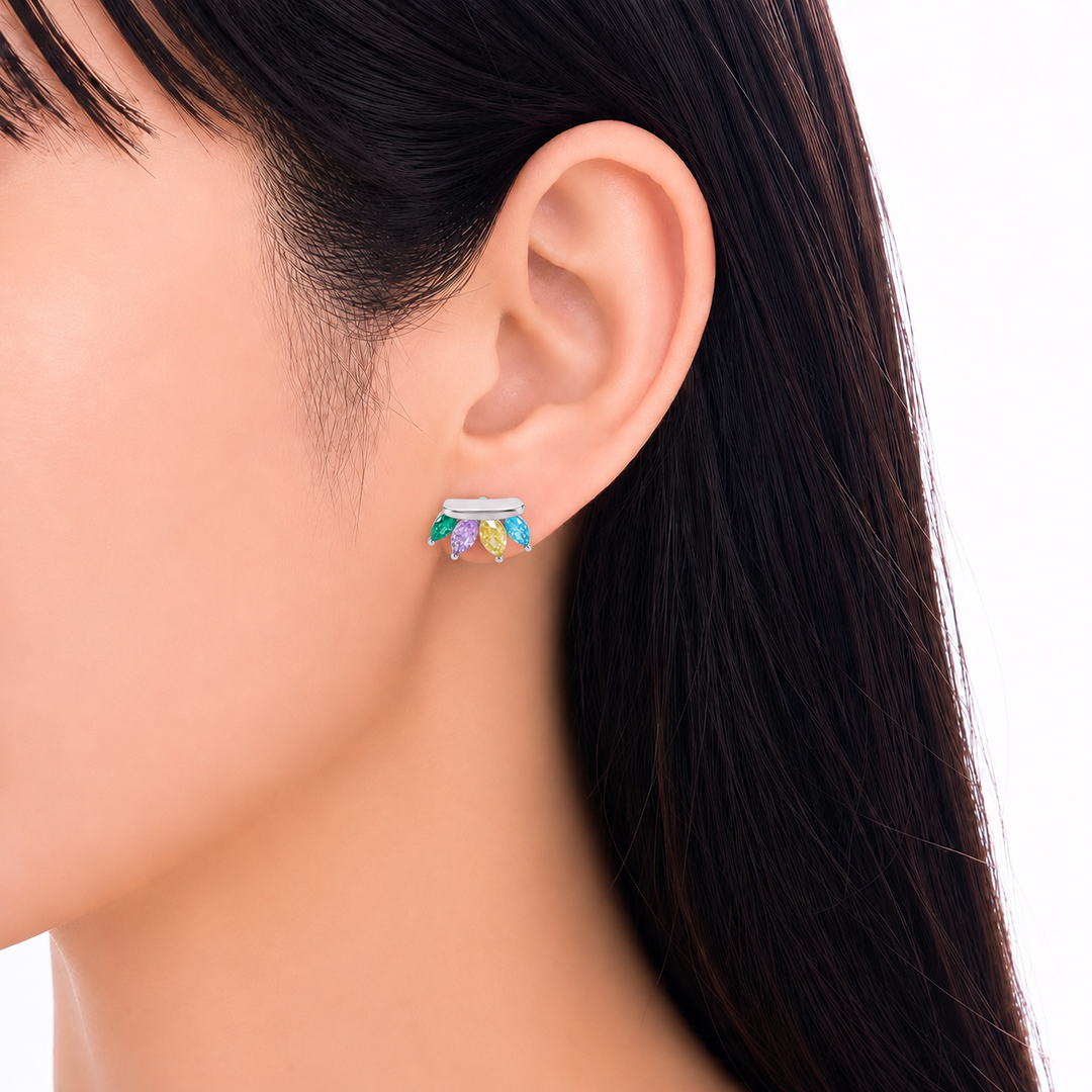 925 Sterling Silver Rainbow Marquise Crystal Fan Stud Earrings Yui mart
