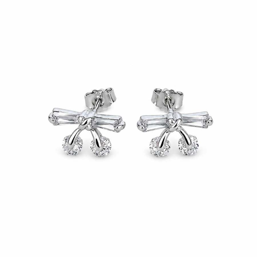 925 Sterling Silver Crystal Bow Stud Earrings Yui mart