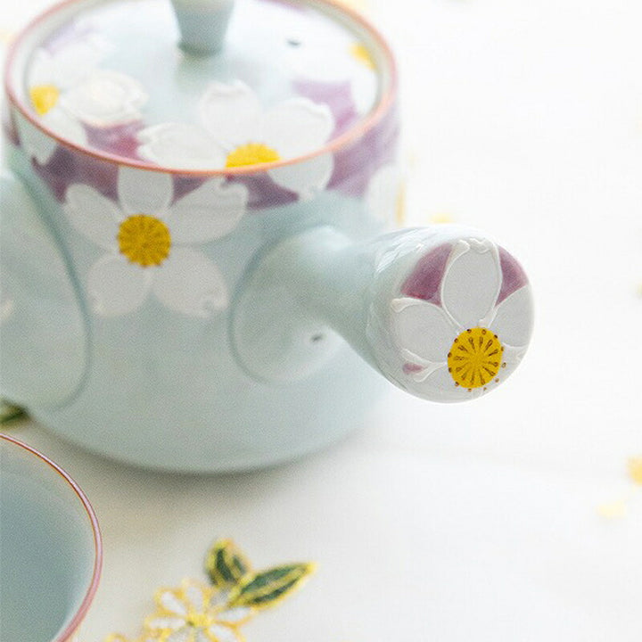 Japanese Arita Hasami Ware teapot with hand-painted raised floral pattern