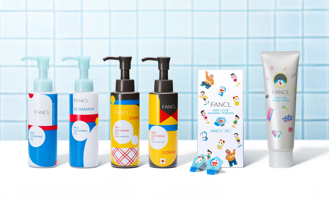 FANCL Doraemon limited skincare collaboration lineup including clay gel facial wash