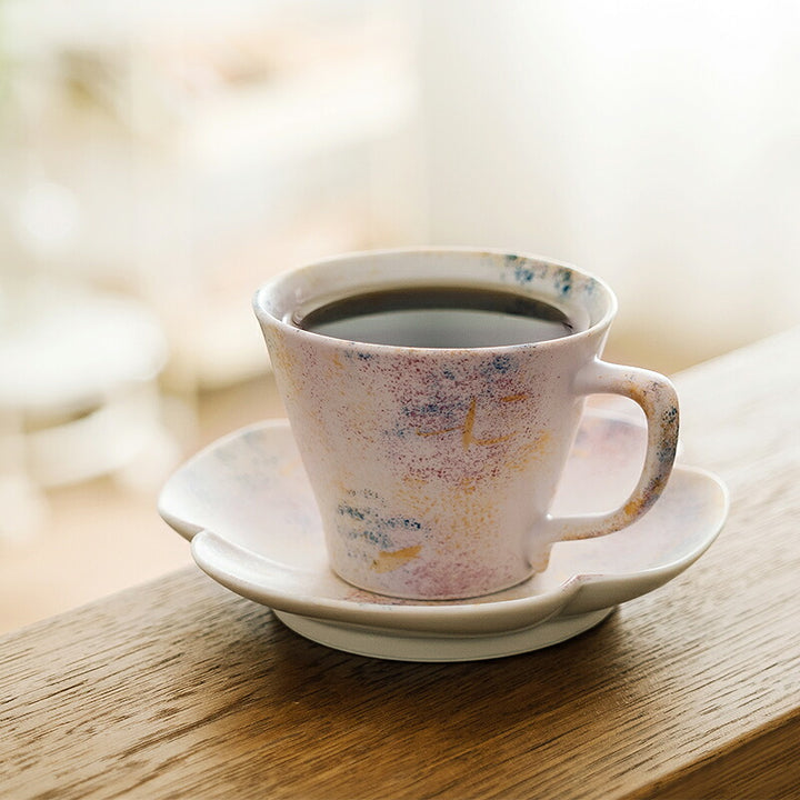 Arita Hasami Ware Nishiki Blue Pink porcelain cup and saucer set angle view