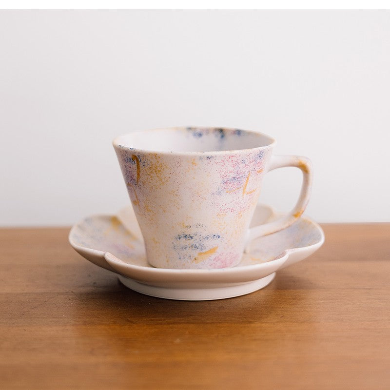 Arita Hasami Ware Nishiki Blue Pink coffee cup and saucer set front view