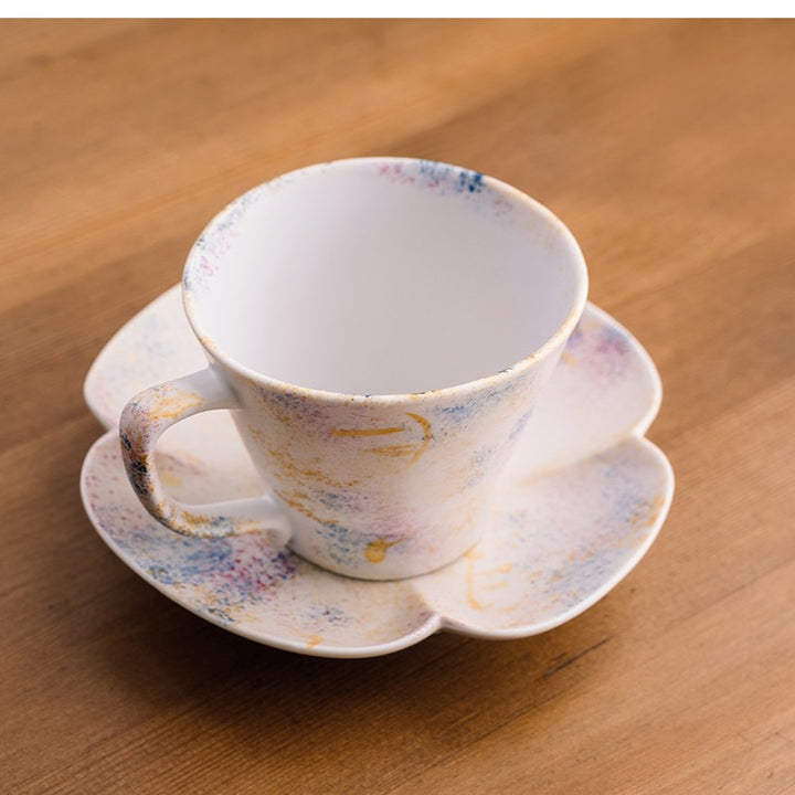 Arita Hasami Ware Nishiki Blue Pink coffee cup with saucer detail