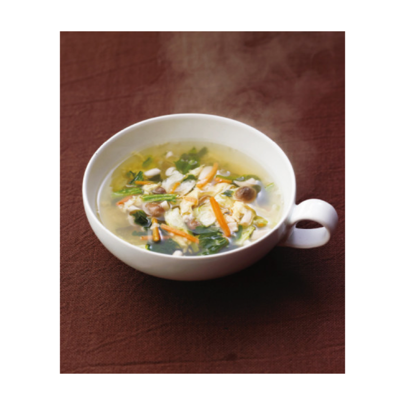 Kayanoya vegetable and egg freeze-dried soup prepared serving with spinach cabbage carrot and shimeji mushroom