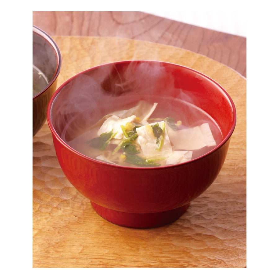Kayanoya yuba clear soup with yuzu prepared serving in red bowl