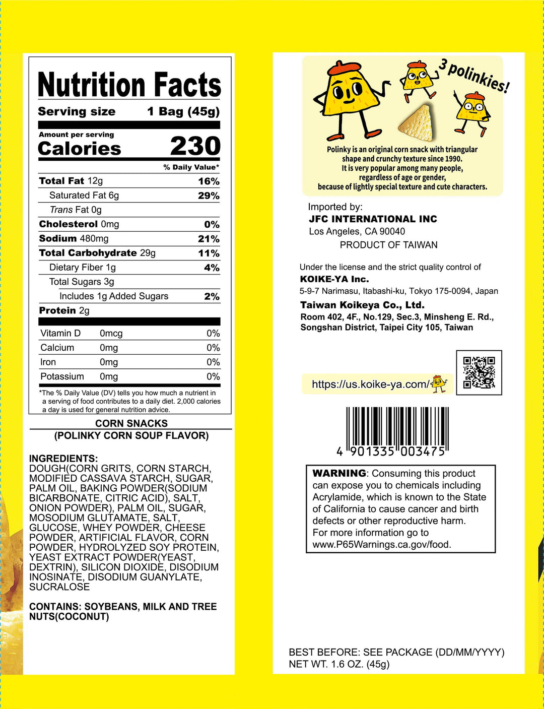 Koikeya Polinky Corn Soup Corn Snack 45g package back with barcode