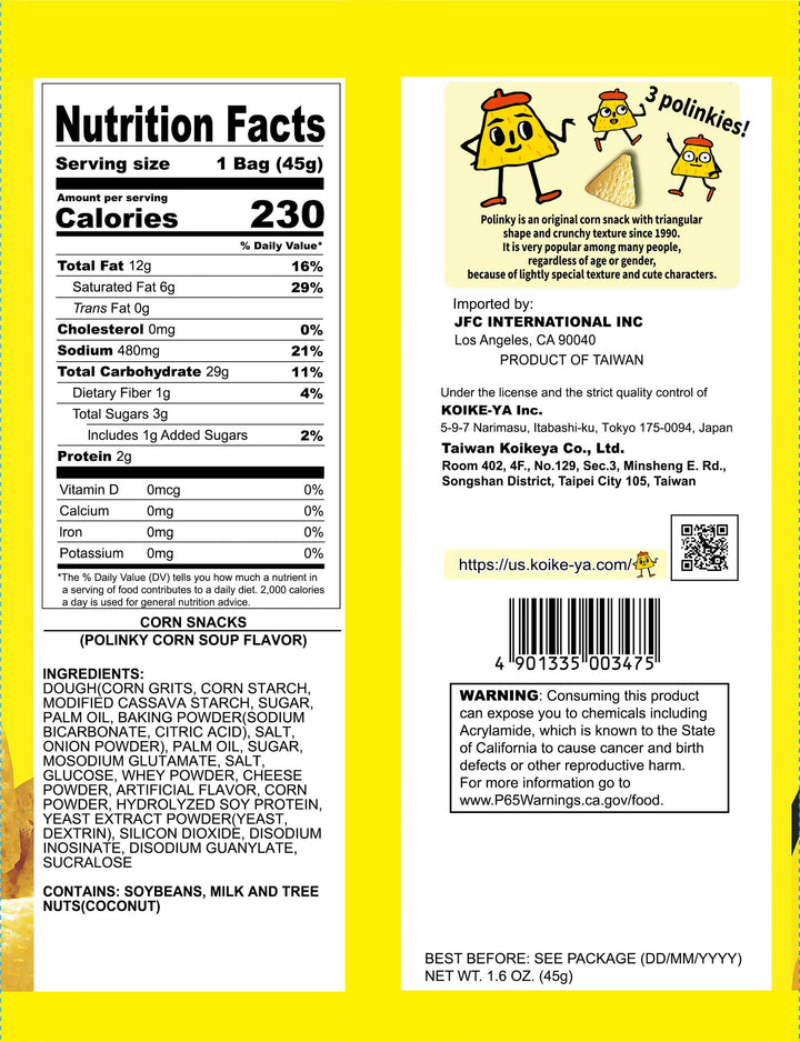 Koikeya Polinky Corn Soup Corn Snack 45g package back with barcode