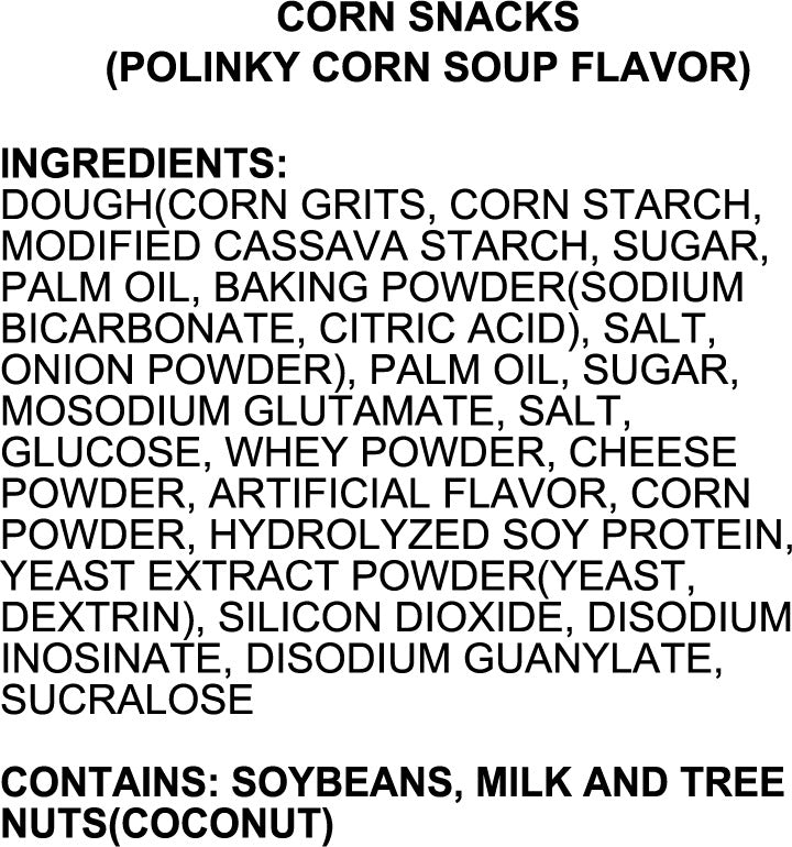 Koikeya Polinky Corn Soup Corn Snack 45g ingredients and allergen panel