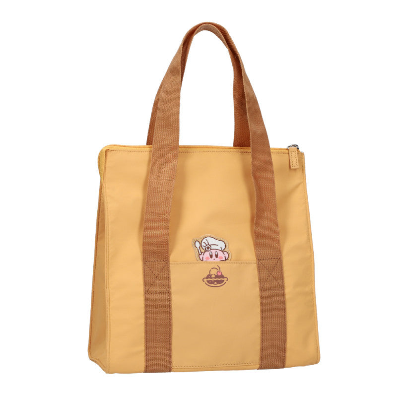 Yellow Kirby Café zip lunch bag with brown handles