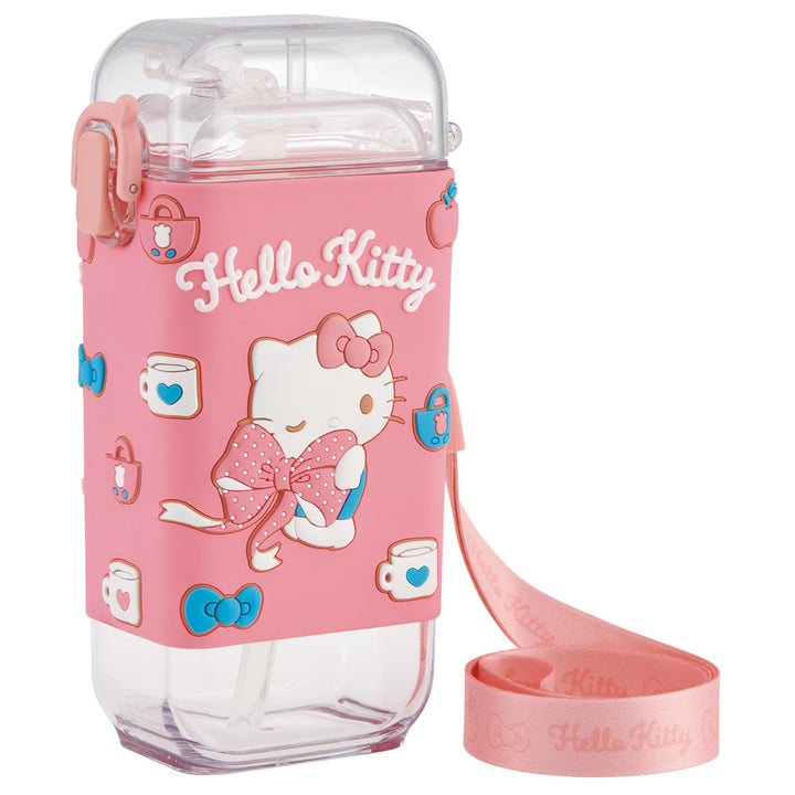 Skater Hello Kitty Big Ribbon square straw bottle 450ml front view with shoulder strap