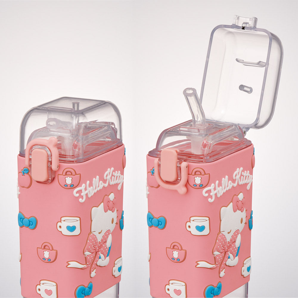 Hello Kitty square straw bottle one-push lid and soft straw spout detail