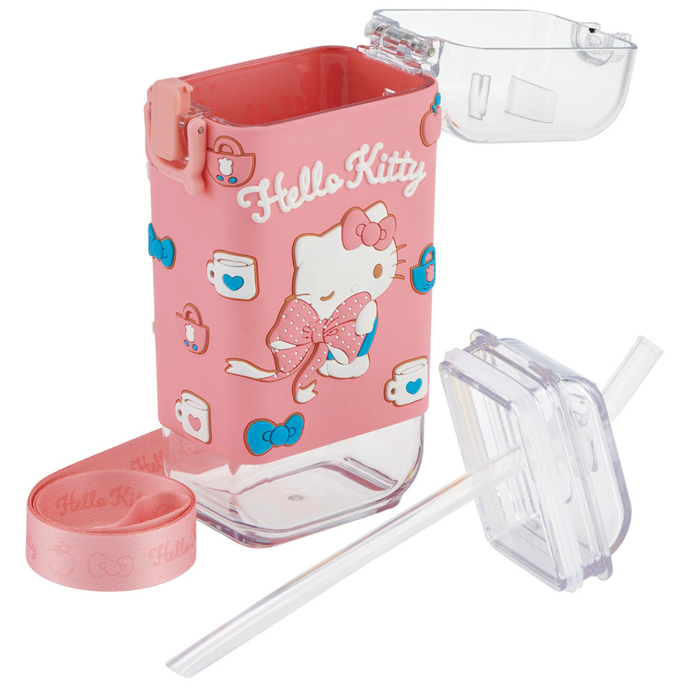 Skater Hello Kitty 450ml straw bottle open parts straw lid and shoulder strap