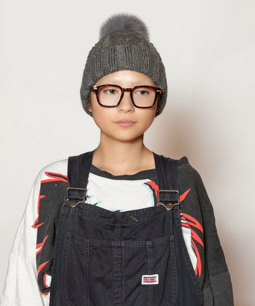 CA4LA EX WINTER 6 gray fox fur pom knit beanie front view