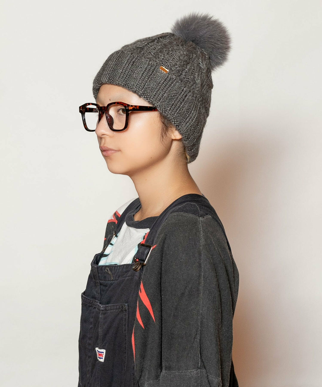 CA4LA gray mohair silk knit beanie with detachable fox fur pom worn styling