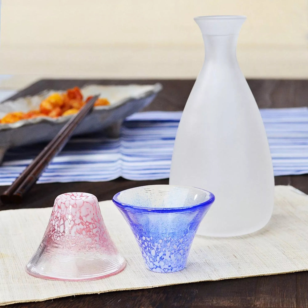 Japanese Glass Cold Sake Set Good Luck MT Fuji - 1 Bottle 2 Cups , Made in Japan Yui mart