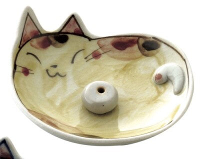 Kodate Japanese Pottery Incense stand Cat Neko Mino ware Handpaint Tabby