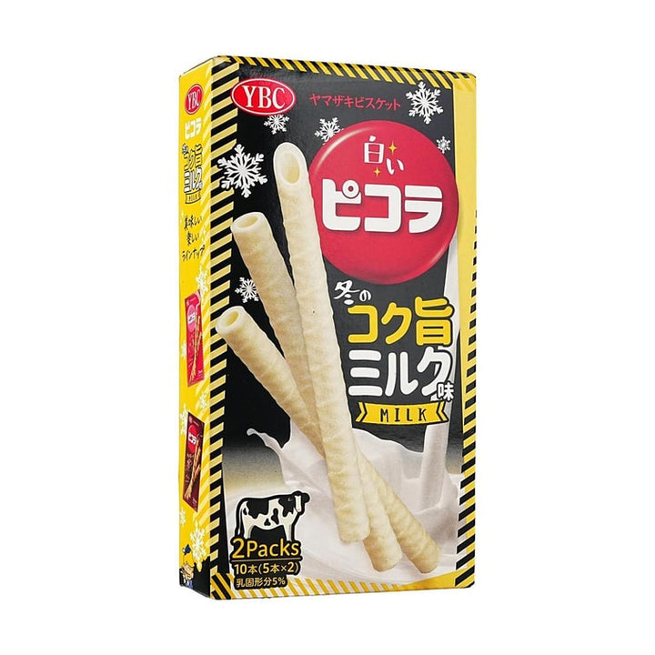 YBC White Picola Winter Rich Milk Rolled Cookie Sticks box angled view